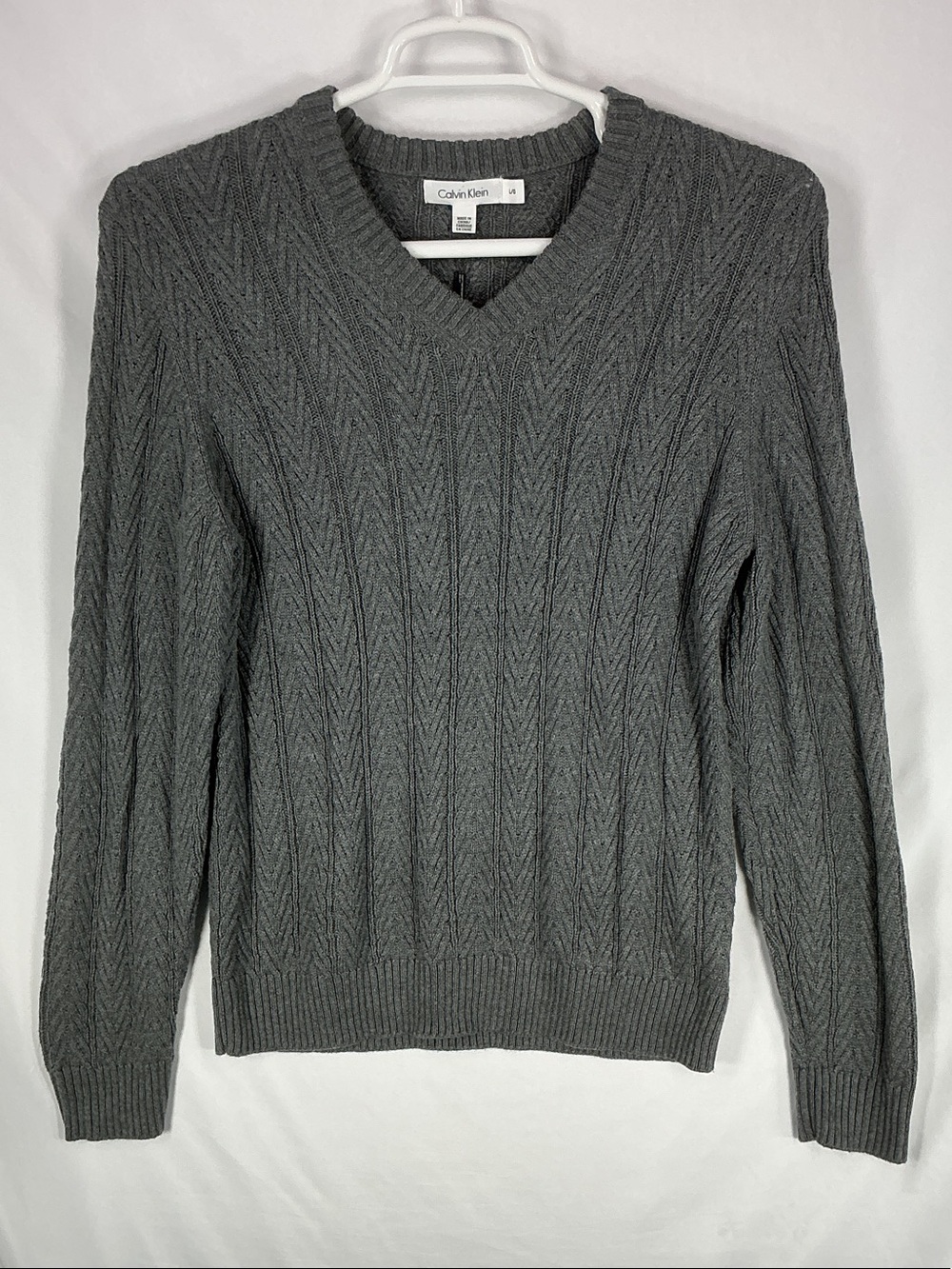 Calvin Klein NWT Men's Charcoal Gray Cotton Blend Cable Knit V-Neck Sweater L